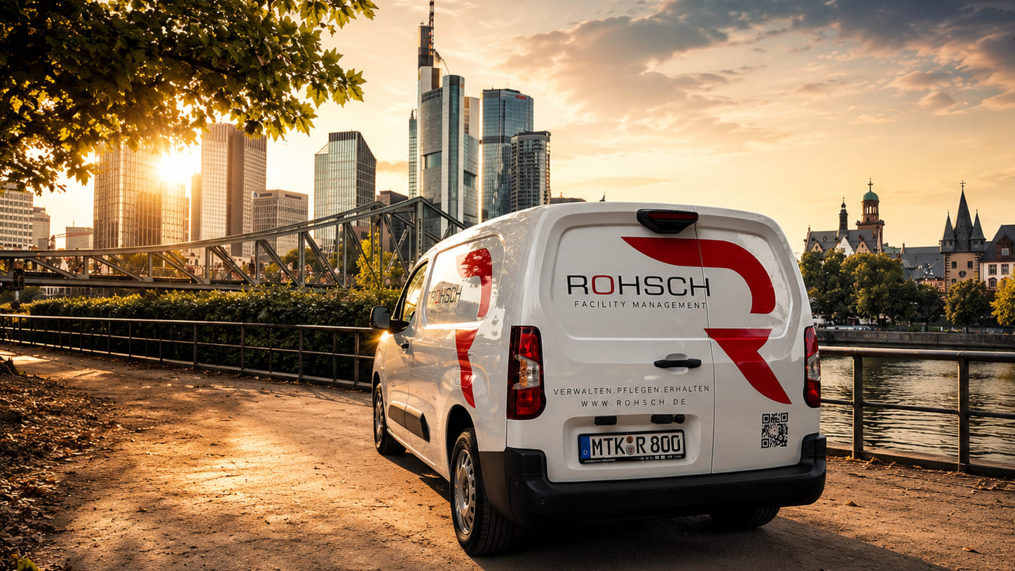 ROHSCH-Servicefahrzeug am Frankfurter Mainufer vor der Skyline und dem Eisernen Steg im Abendlicht
